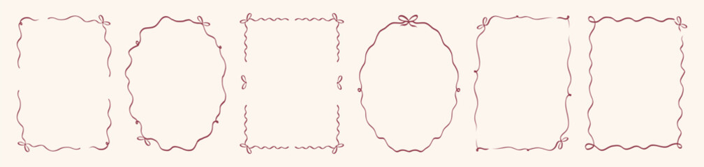 rendy doodle hand drawn coquette frames with bows. Minimalist line art. Borders for wedding invitations, birthday card, prints. Vector illustration.