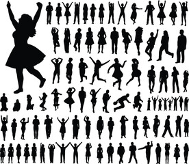 People silhouettes, joyful crowd poses, women jumping cheering shapes, celebration event figures, lifestyle motion vector set isolated on white background.