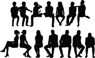 People Silhouettes, Sitting and Jumping, Group Shapes, Friends Interaction, Business Seating Row, Casual Social Shadow Figures, Diverse Crowd, Youth and Adult Profiles