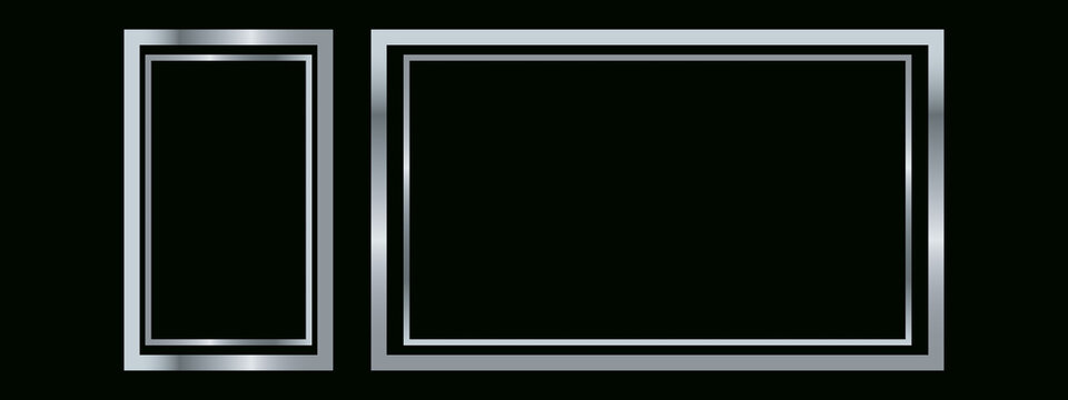 window frame on black background. blank metal plate, Silver metal frame isolated on transparent background. Realistic steel rectangle photoframe template for pictures and design projects. PNG. vector 