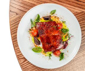 Glazed roasted salmon fillet served with fresh herbs, cherry tomatoes, and vibrant sauces, top view restaurant menu, culinary ads, and gourmet promotions