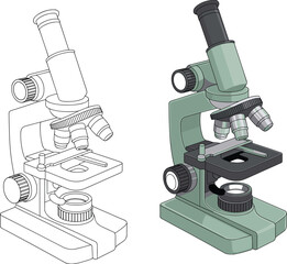Scientific microscope illustration, lab research equipment sketch and detailed colored vector design, biology, chemistry, medical study, education, analysis instrument isolated white.