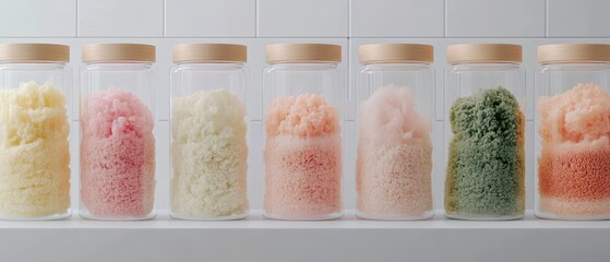 Organic cultures in clear jars with wooden lids, showing varied colorful textures, representing future science.