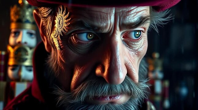 Close-Up Portrait of Drosselmeyer with Thoughtful Mood Surrounded by His Handmade Nutcracker Figures Against a Workshop Background