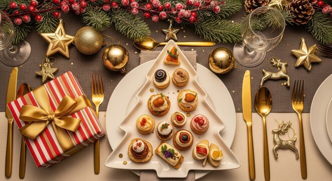 クリスマスと新年のお祝いにぴったりの木の形をした皿、金のカトラリー、松の小枝、縞模様のギフトボックス、金の装飾品