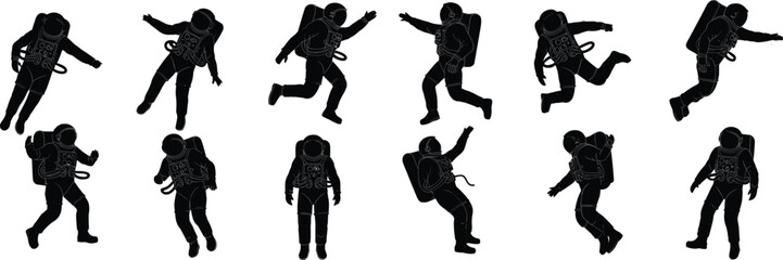 Skydiving silhouette vector set, parachute jump poses, extreme air sport, freefall motion, diver outfit, flying action collection, adventure graphic pack