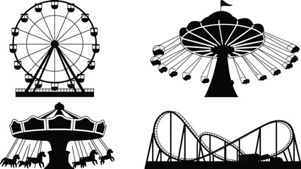 Ferris, swing, ride, roller, coaster, carousel, amusement, park, icon, vector, silhouette