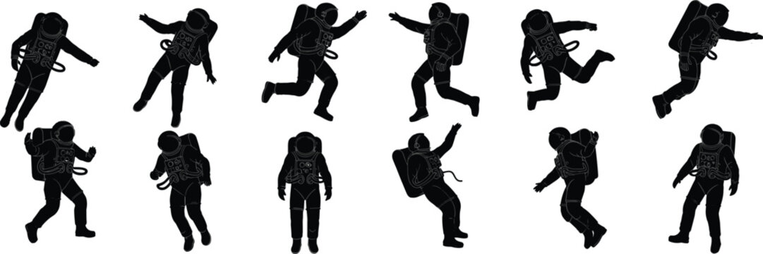 Skydiving silhouette vector set, parachute jump poses, extreme air sport, freefall motion, diver outfit, flying action collection, adventure graphic pack