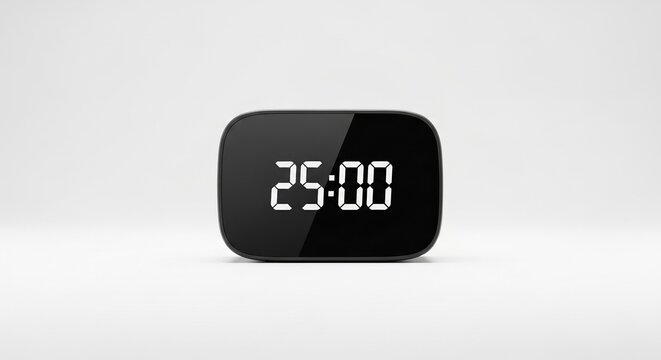 Digital timer isolated image showing 25 minutes on black device against white background, symbolizing focus and time management for ADHD and anxiety
