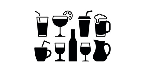 A collection of black and white vector icons representing various drink containers
