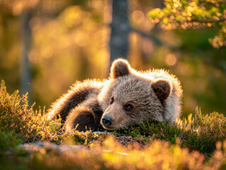Obraz premium Young brown bear cub resting on mossy forest floor bathed in warm golden sunlight during a serene autumn afternoon in a peaceful woodland setting