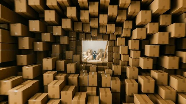 Online shopping addiction leads to a room full of packages. A man is overwhelmed by deliveries, shown by a fast zoom out through a cardboard box tunnel.