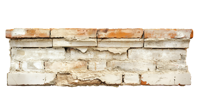 PNG file An old weathered brick wall showing signs of wear and tear, showcasing texture and age on transparent background PNG