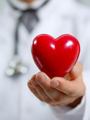 Doctor holding a red heart symbol in hand emphasizing heart health care and compassionate medical support for cardiovascular wellness and prevention awareness