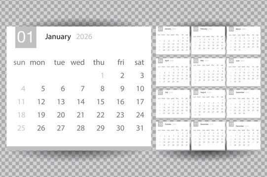 a detailed view of a yearly calendar displaying the months of january 2026 and subsequent dates