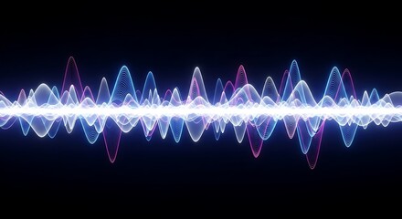 Abstract glowing sound wave visualization with blue and red light on black background