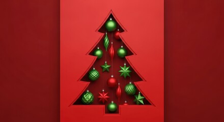 Christmas tree cutout surrounded by green and red ornaments, creating a festive holiday scene ideal for greeting cards
