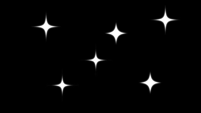 Twinkle Star Loop, glowing white sparkle doodle, retro vector blinking stars, glitter magic burst, shining dust trail motion, black screen loop, 4K twinkling starry night sky animation effect