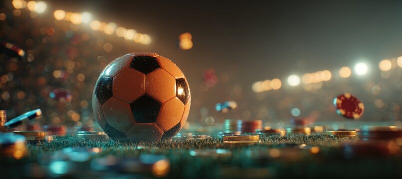 Floating Soccer Ball with Poker Chips on Virtual Field in Cinematic Sports Tech Scene