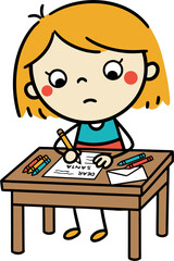 Thoughtful ginger girl writing a letter to Santa Claus at a wooden table, vector illustration isolated on transparent background