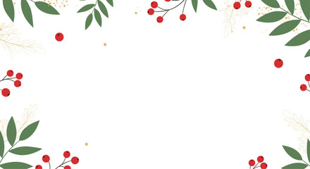 Elegant Christmas or winter holiday background frame with green leaves red berries and golden accents on a clean white backdrop.