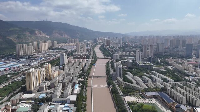 Xining Cityscape with Huangshui River - Aerial View, China