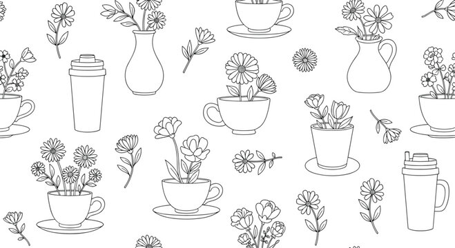 Seamless black and white coloring page pattern with various flowers in vases mugs and cups for a relaxing and creative activity.