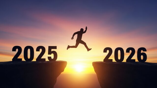 Leaping from 2025 to 2026 at sunset, embracing new year challenge