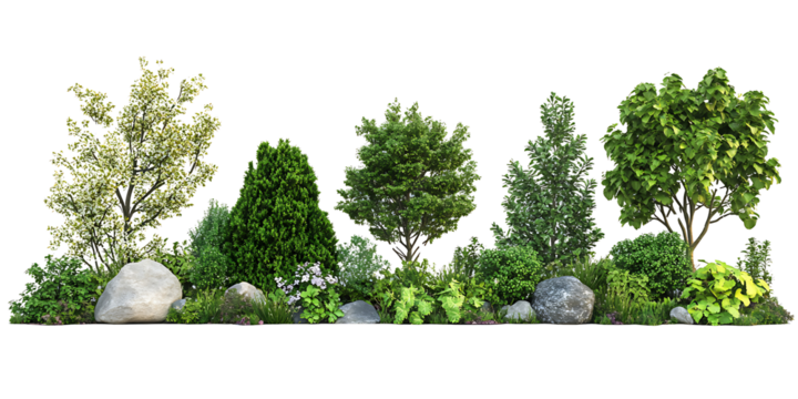 PNG file A variety of trees and plants arranged with rocks in a garden setting on transparent background PNG