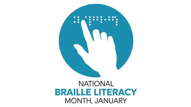 National Braille Literacy Month January Graphic with Hand Reading Dots Symbolizing Accessibility, Education and Inclusion for Blind People