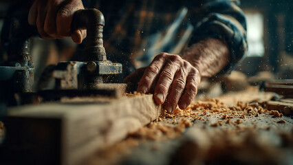 Master craftsman shaping wood with expertise and care, sawdust flying in golden light, perfect for woodworking projects and skilled craftsmanship visuals