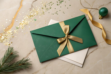 Stylish green envelope tied with a gold ribbon on a marble surface with festive sparkles and greenery. Clean luxury holiday aesthetic, warm seasonal tones and elegant Christmas gift presentation.
