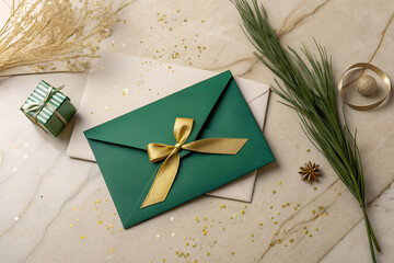 Green envelope with gold ribbon surrounded by holiday greenery, small gift box and sparkles on a marble surface. Elegant Christmas flat lay with warm festive details and clean seasonal styling.