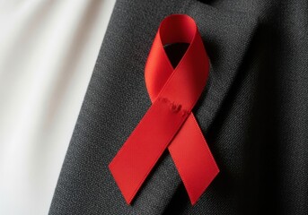 Closeup of a red awareness ribbon pinned to the lapel of a dark gray suit jacket, symbolizing support for hivaids awareness