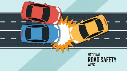 National Road Safety Week Graphic of a Three-Car Crash on a Highway Symbolizing Traffic Accident Prevention and Safe Driving Awareness