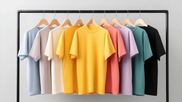 Vibrant Collection of Casual T-Shirts Hanging on a Clothing Rack in Various Colors for Fashion and Apparel Inspiration 4k Video footage