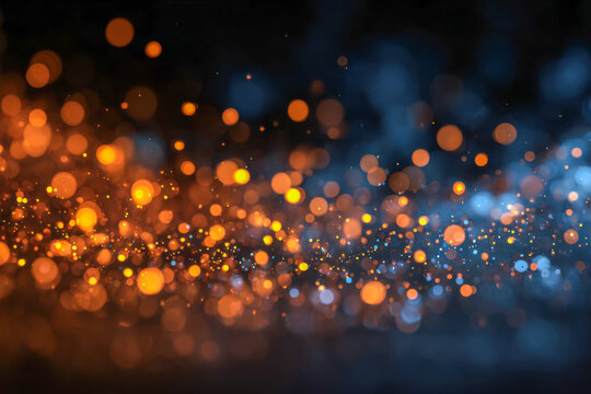 Vibrant glowing orange and blue bokeh lights creating a magical abstract effect with scattered bright orbs on a dark background for festive mood design
