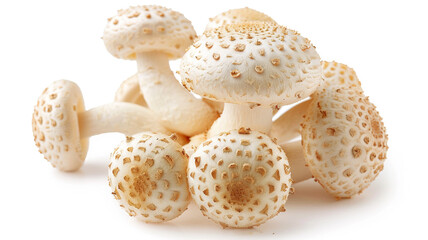 A grouping of fresh, white shimeji/puffball mushrooms with speckled caps, isolated on a white background for culinary themes.