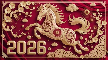 2026 Chinese Lunar New Year of the Horse Illustration in Traditional Gold Paper Cut Style on a Vibrant Red Background with Flowers