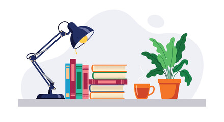 Cozy reading or study nook with a stack of colorful books an adjustable desk lamp a hot cup of coffee and a green houseplant.