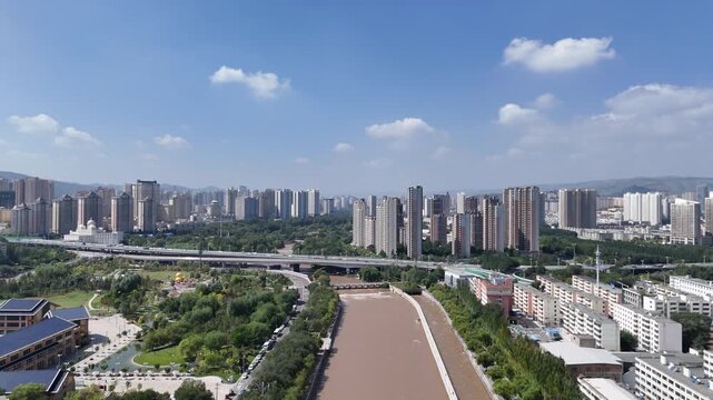 Xining Cityscape Aerial View with Huangshui River and Green Parks
