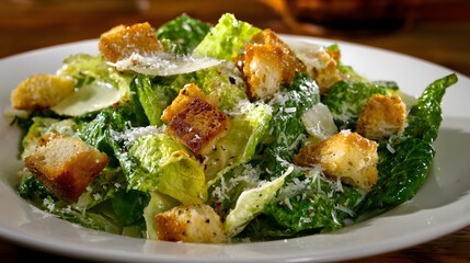 Delicious caesar salad with lettuce croutons and parmesan cheese healthy food fresh tasty lunch dinner plate