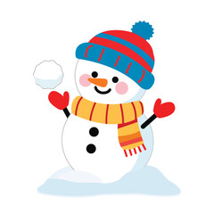 A cute snowman in a snowdrift with a snowball