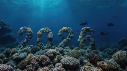 Fototapeta premium Underwater coral reef art installation spelling out 2026 in vibrant colors.