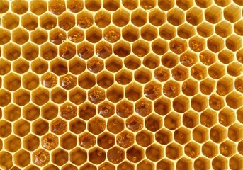 Detailed macro shot of a natural honeycomb structure filled with rich, golden honey inside the hexagonal wax cells