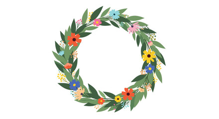 A bright and cheerful circular wreath made of various colorful flowers and lush green leaves perfect for spring or summer designs.