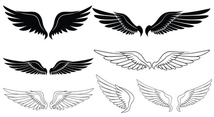 Obraz premium A large set of six different pairs of angel or bird wings in various styles including black silhouettes and detailed line art.