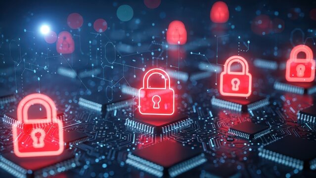 Glowing red padlock icons on a dark digital circuit board background