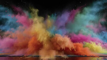 A vibrant explosion of multicolored powder with billowing clouds of pink orange blue and yellow dust expanding outwards against a dark background over a reflective surface - Powered by Adobe
