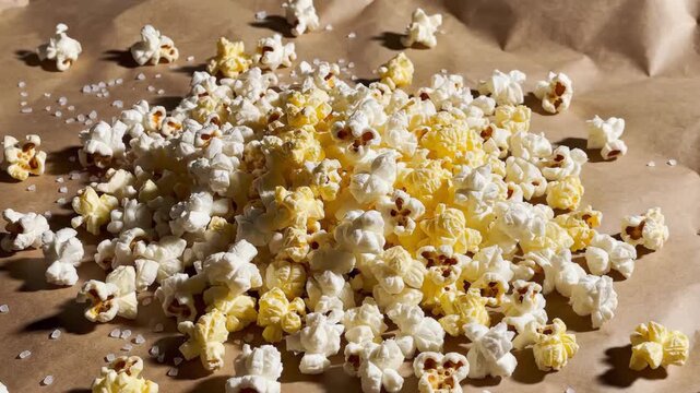 A mound of white  yellow popcorn sits on brown paper speckled with salt crystals Scattered pieces surround the central heap